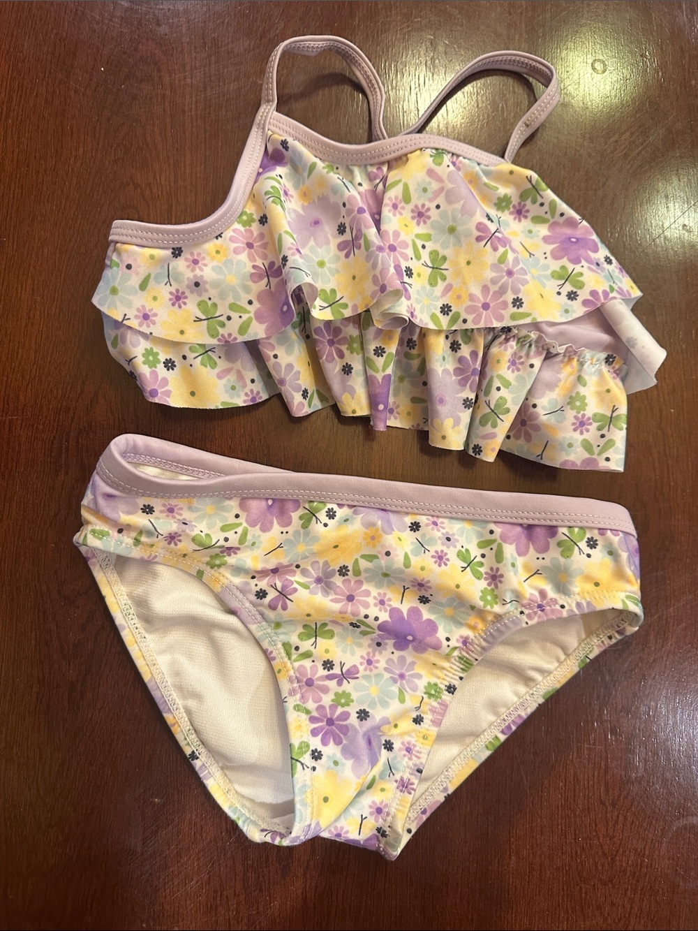 wonder nation Girls Floral Ruffle Bikini in Lavender and Yellow